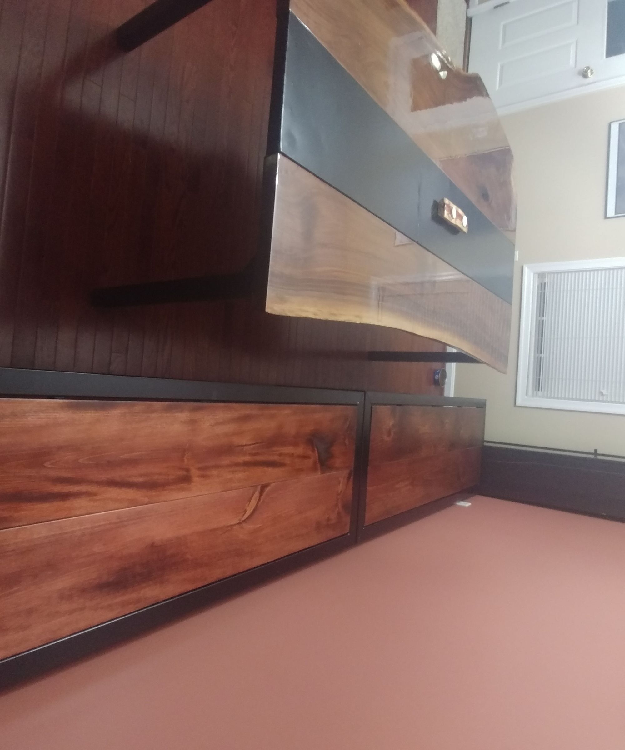 Metal Table With Live Wood Edge and Wall Bench