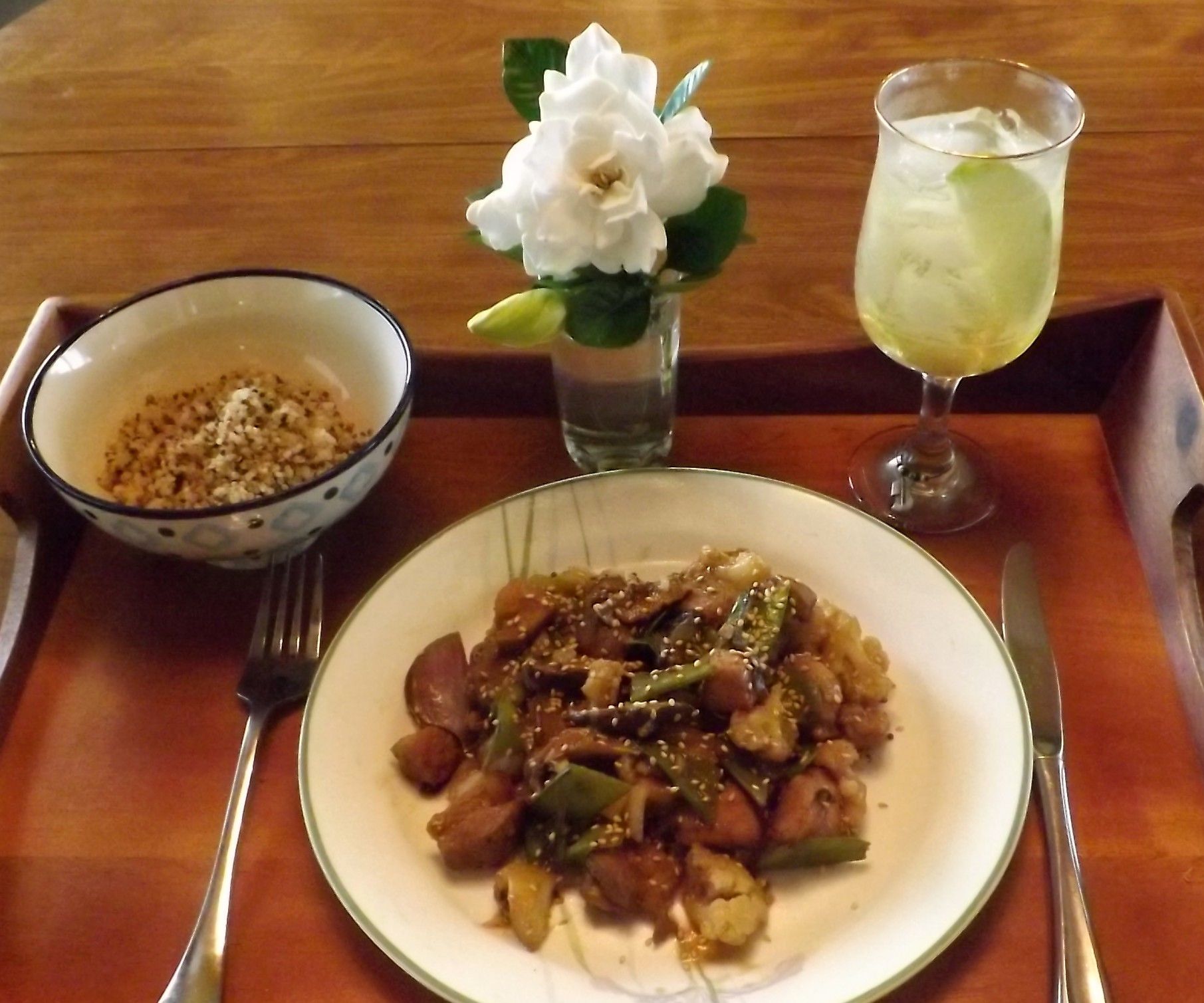 SESAME PORK WITH CAULIFLOWER, SHIITAKE MUSHROOMS & SNOW PEA PODS IN a GLUTEN-FREE, SOY-FREE, TERIYAKI SAUCE