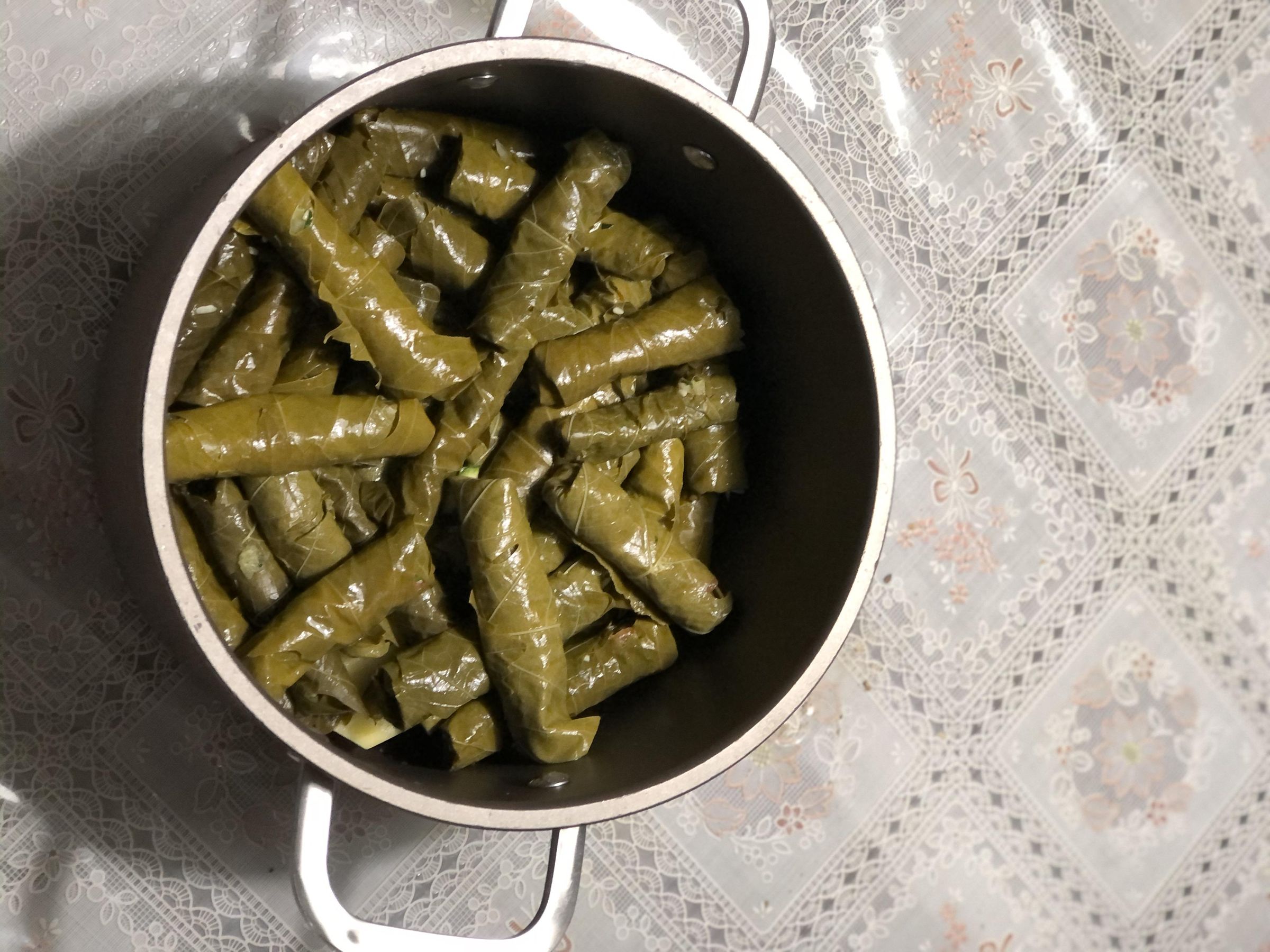 Finished dish of One-Pot Stuffed Grape Leaves