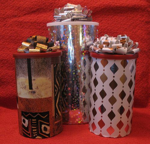 Cool recycled gift canister, wrapping, and fabulous bow