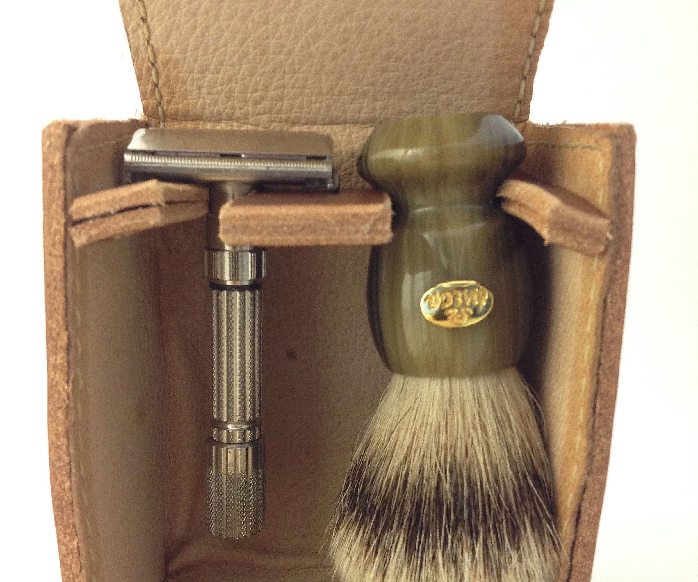 Hand Sewn Leather Travel Case for Full Size Shave Brush and Safety Razor