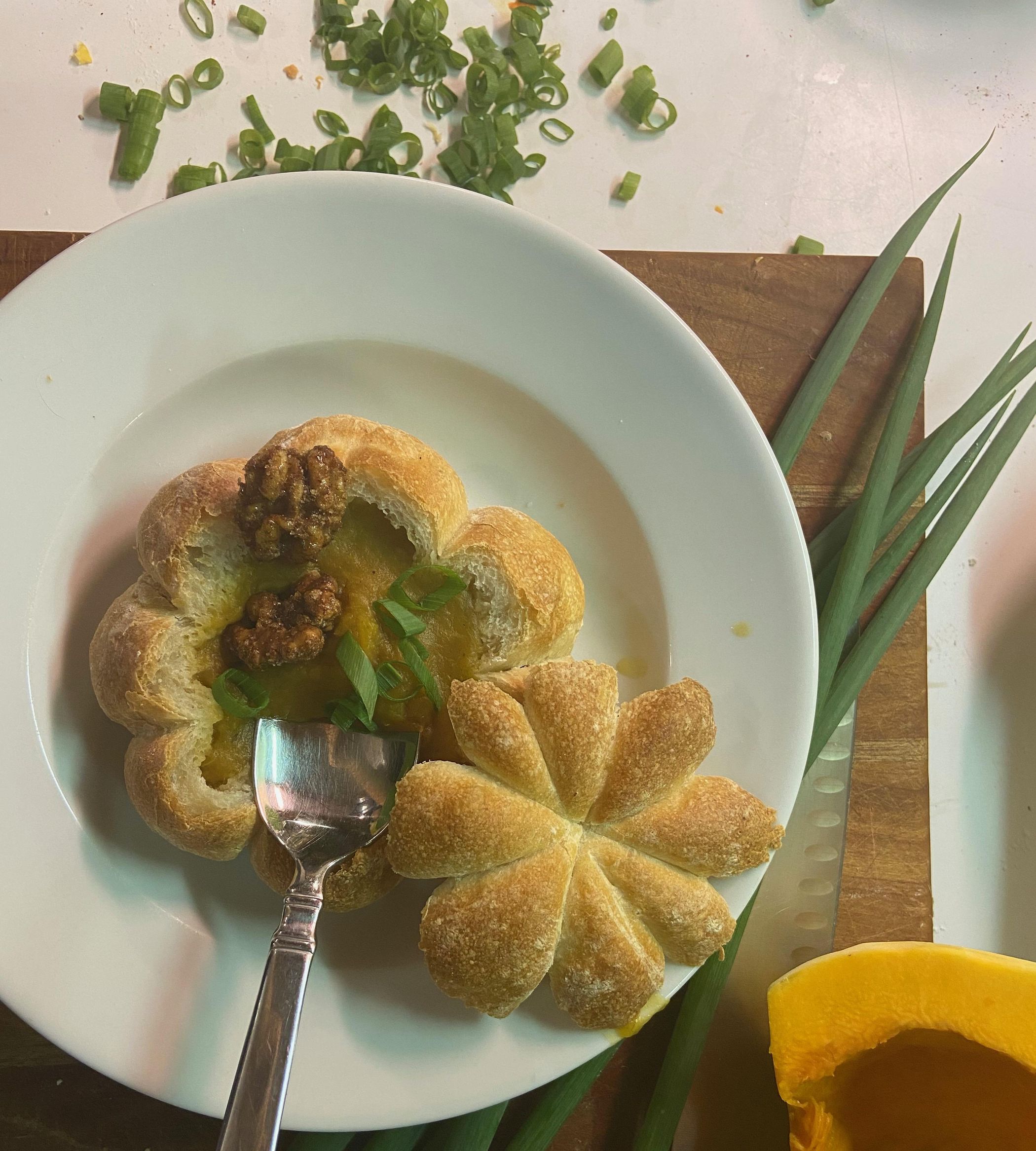 Fall Harvest Soup Served in Pumpkinshaped Bread Bowls 5 Steps
