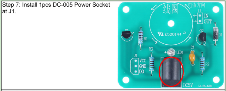 Install 1pcs DC-005 Power Socket at J1
