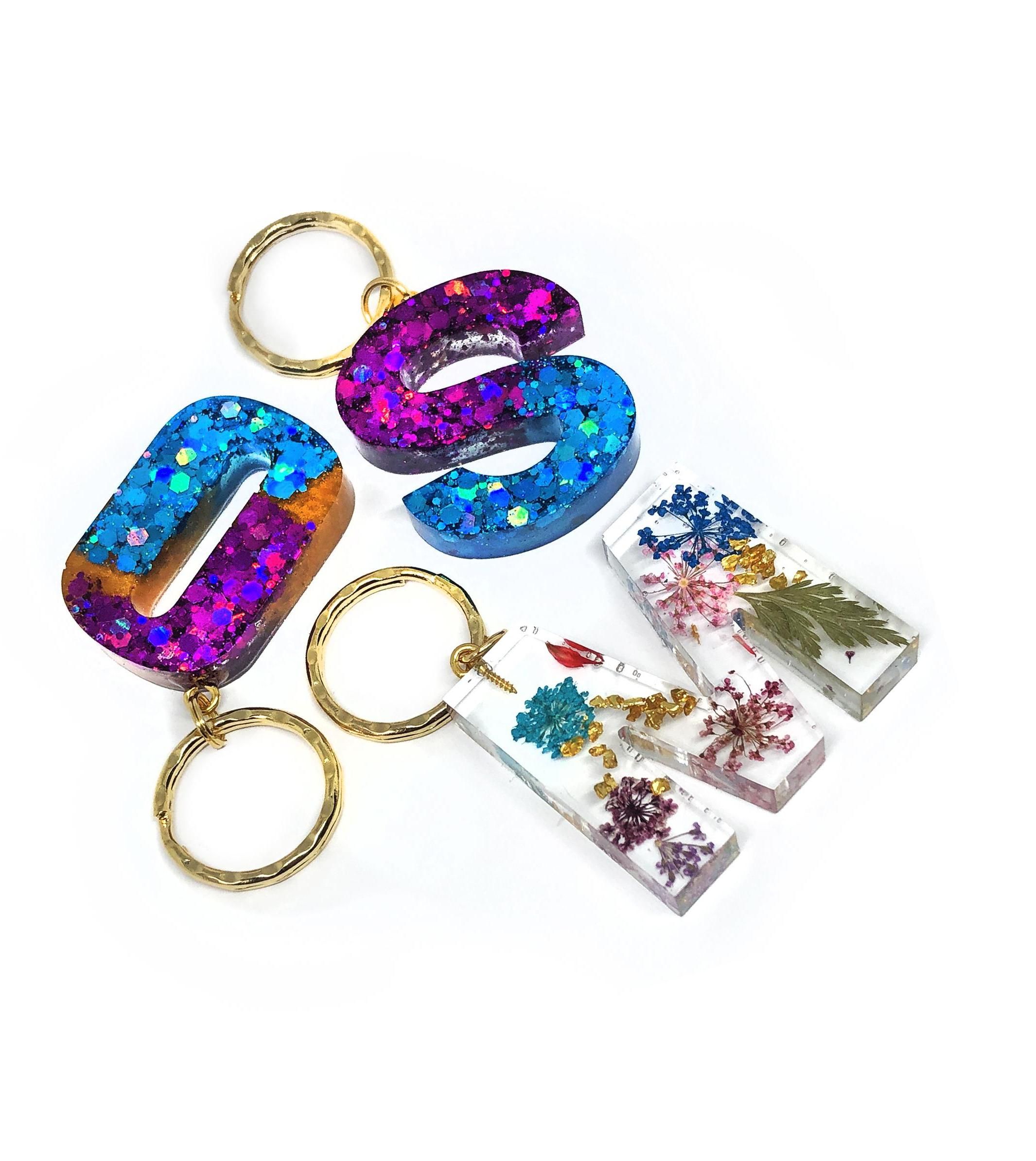 Holographic and Floral Resin Letter Keychains