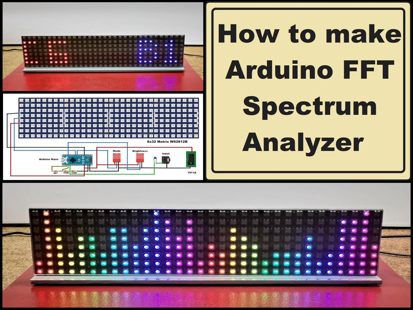 Arduino FFT Audio Spectrum Analyzer on 8x32 Color Matrix WS2812B