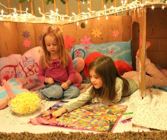 Cardboard Box Fort With Twinkling Lights