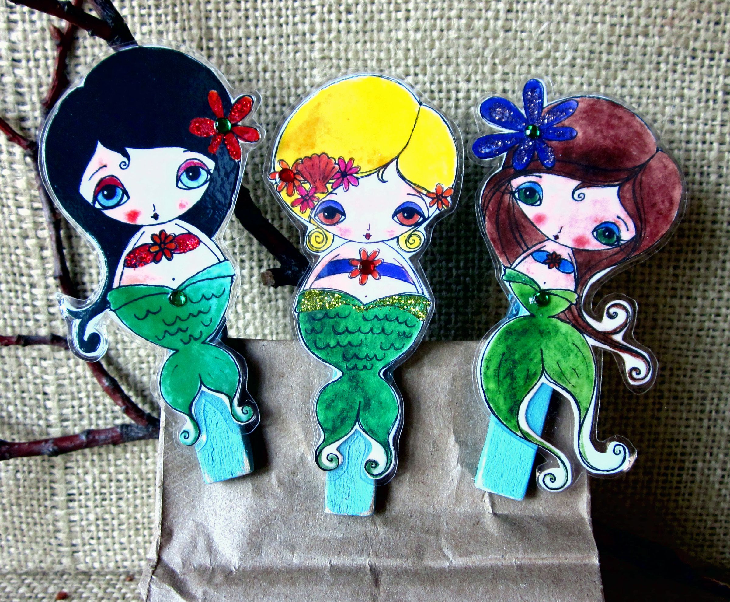Trio of Mermaid Clothespin Clips