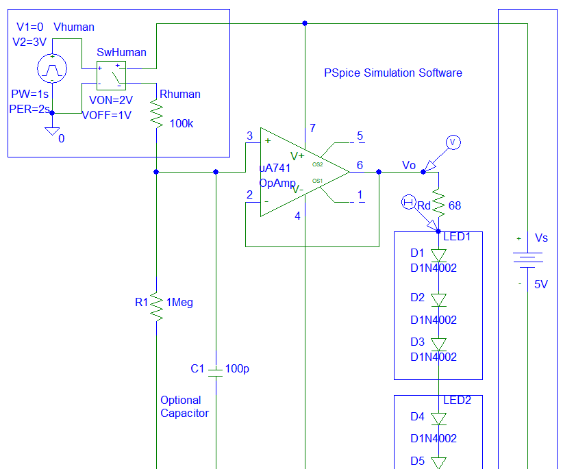 Op-Amp Touch LED Simulations