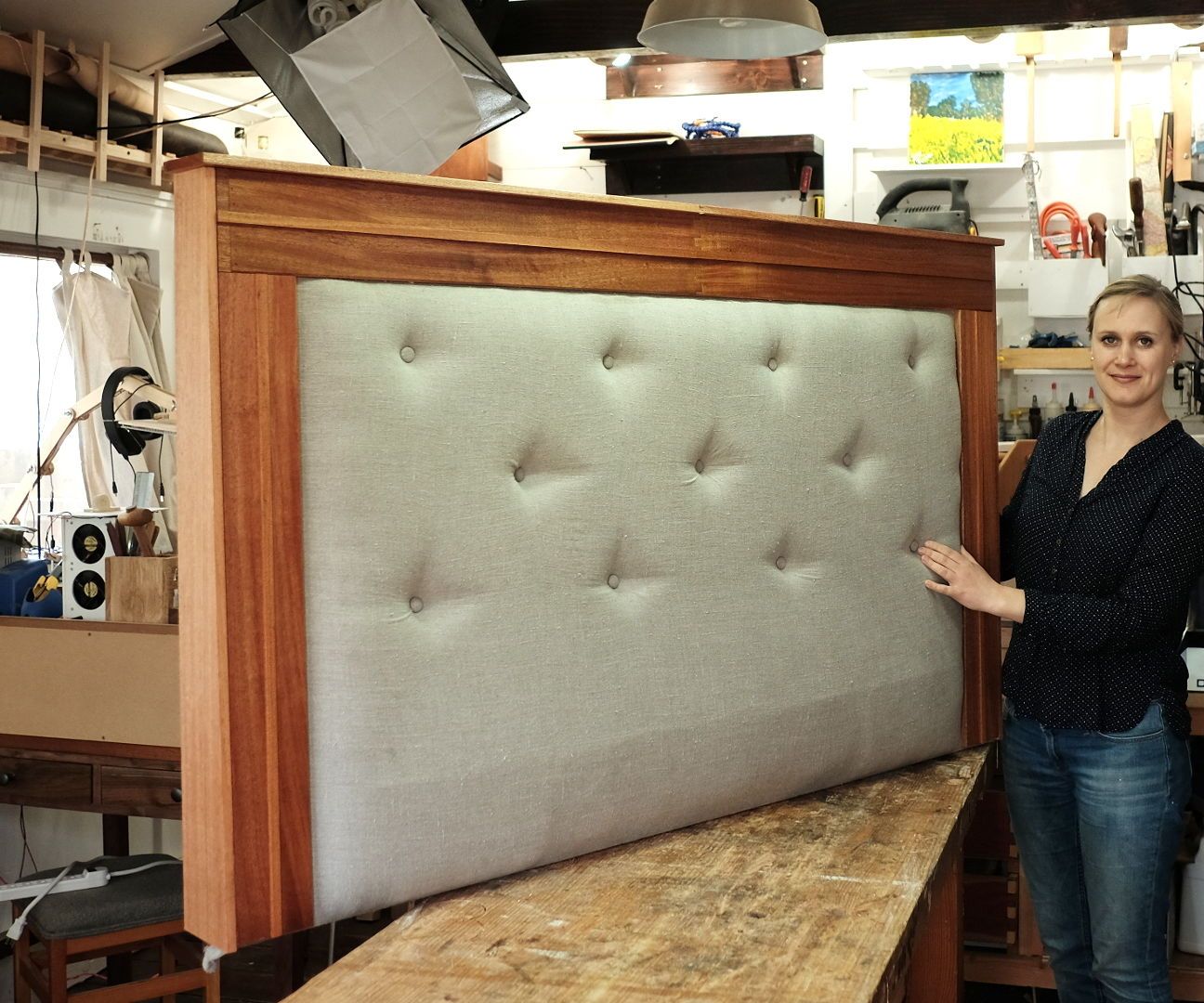 DIY Upholstered Queen Sized Headboard W/ Linen & Mahogany