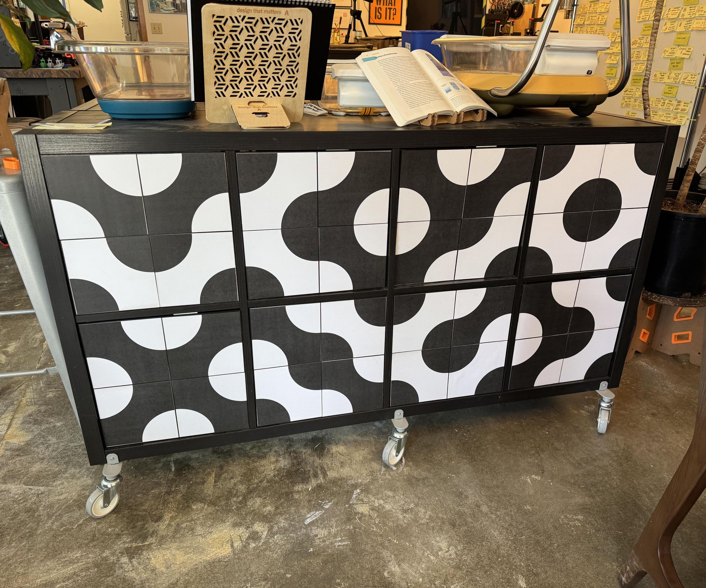 Patterned Covers for Square Office Shelves: Workplace Aesthetic Upgrade on a Budget