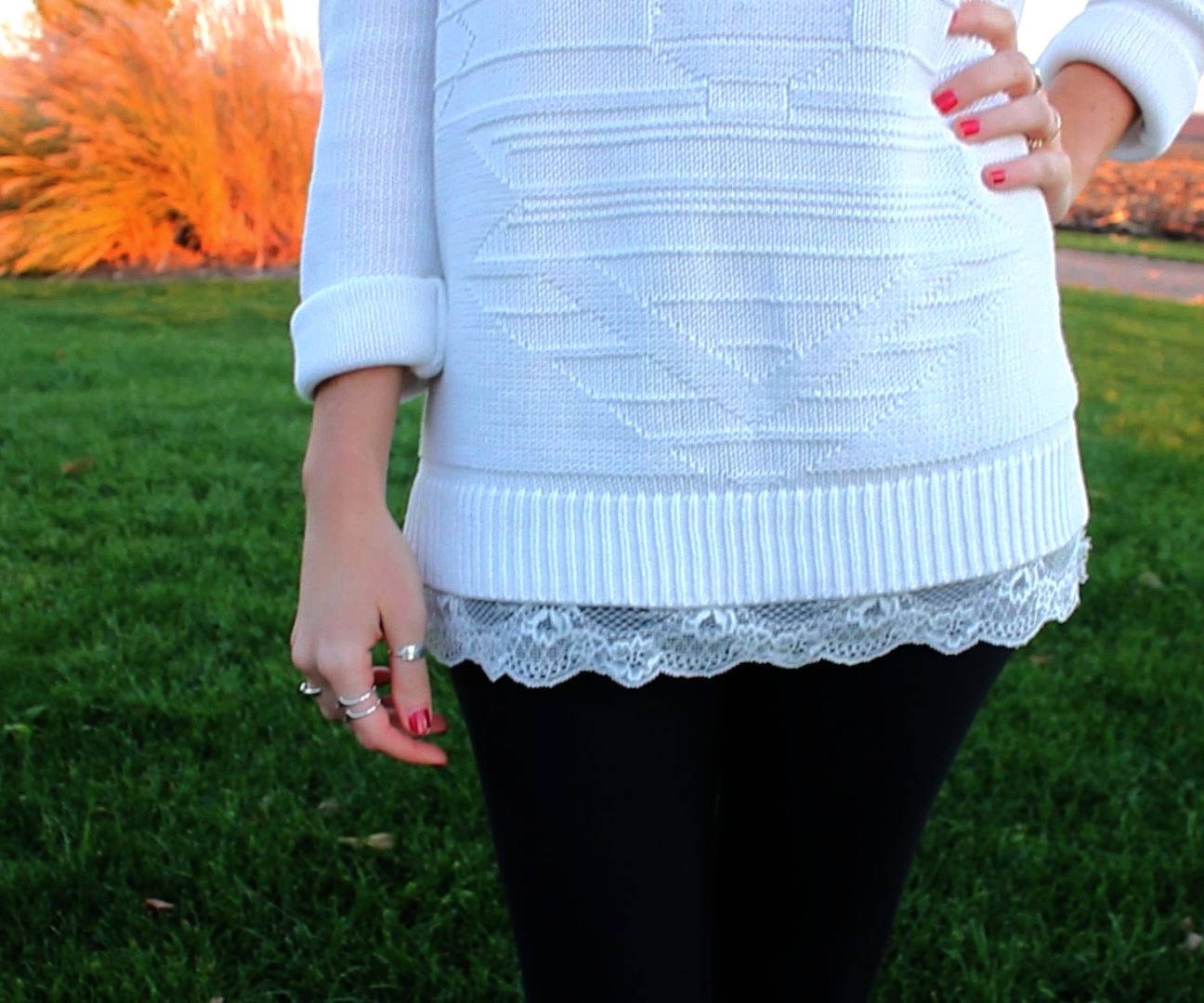 Lace Trim Sweater and Ribbon Back Dress