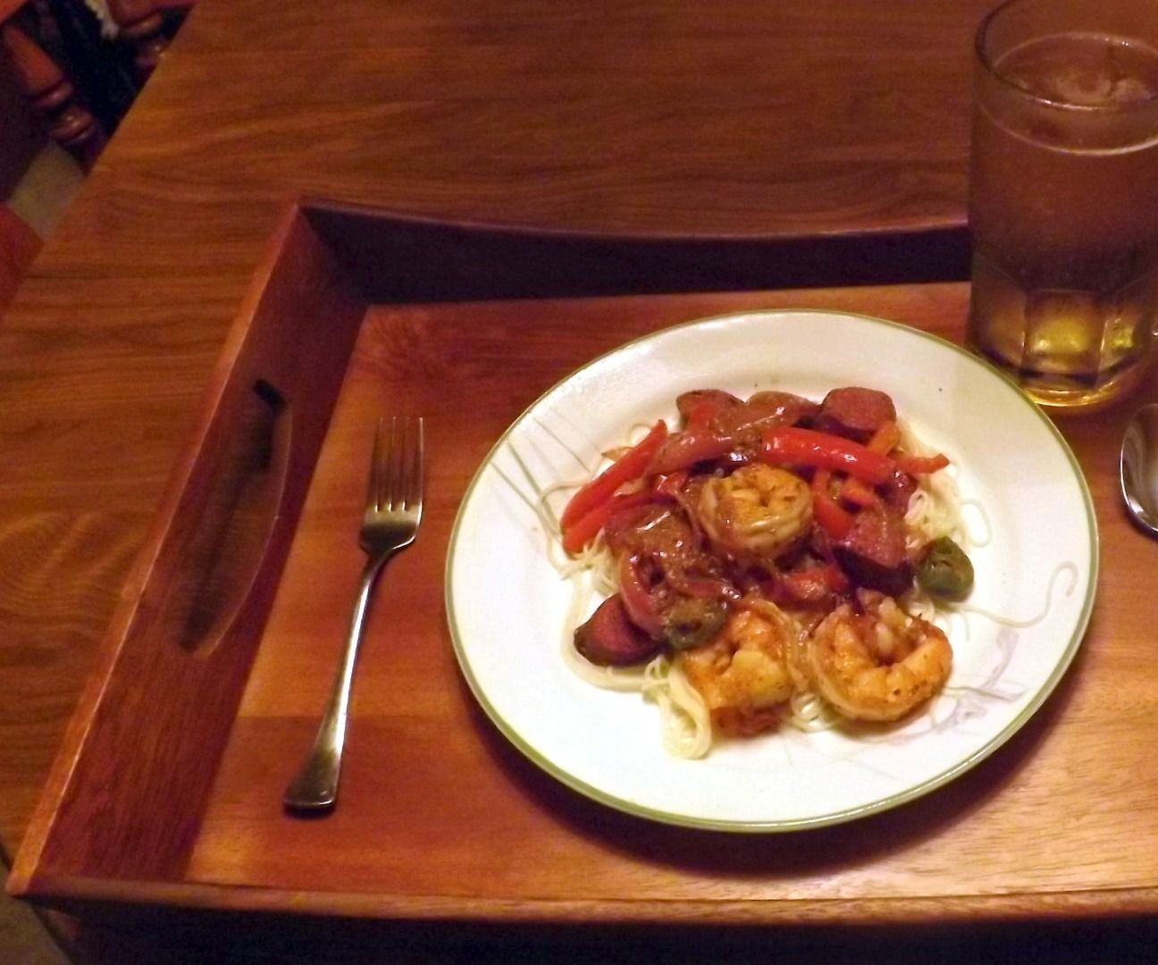 PECAN SMOKED SAUSAGE & SHRIMP IN a CREOLE MUSTARD SAUCE WITH PEPPERS & ONIONS
