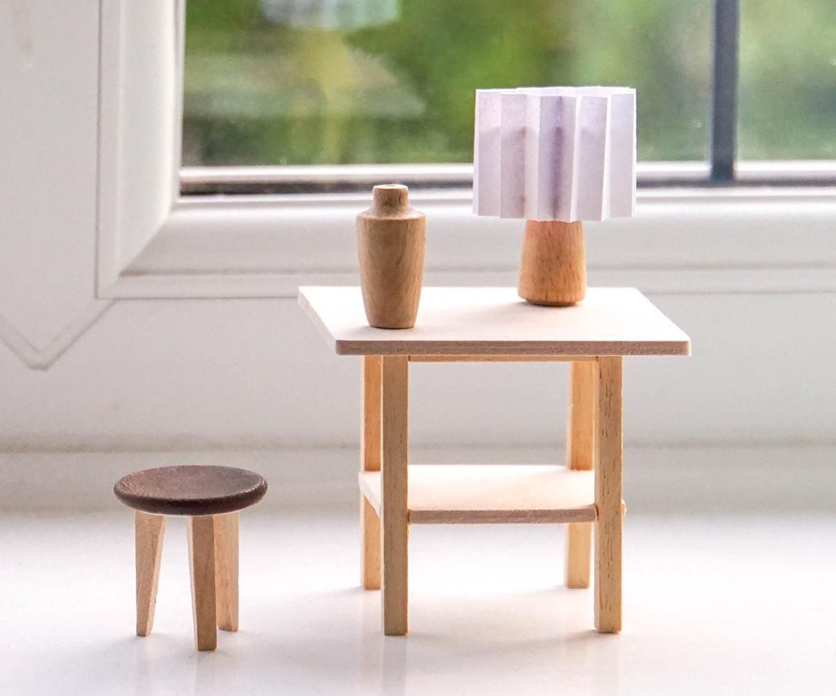 DIY 1/12 Scale Doll House Mini Furniture | How to Make a Modern Miniature Side Table, Lamp, Vase & Stool