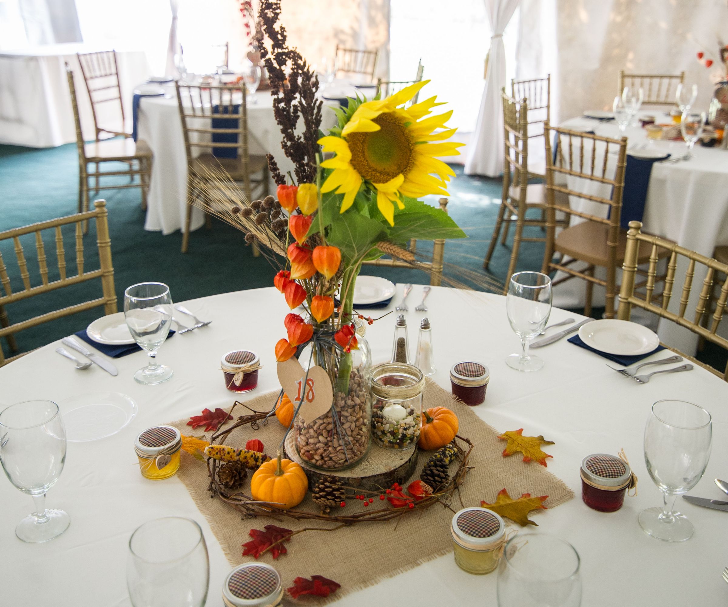 Fall-themed Mason Jar Wedding Centerpieces