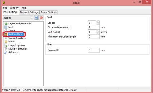 Slicer Config > Print Settings > Skirt and Brim