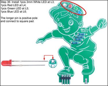 Install 1pcs 3mm White LED at L3; 1pcs Red LED at L4; 1pcs Green LED at L5; 1pcs Blue LED at L6