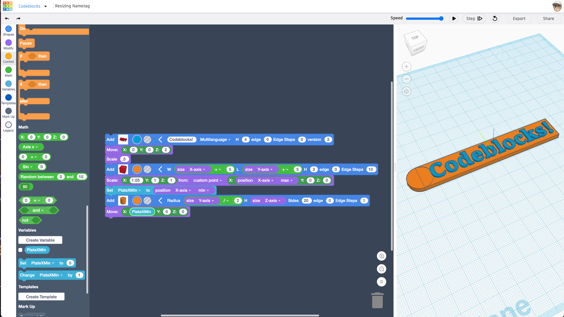 Tinkercad Codeblocks: Resizing Nametag : 11 Steps (with Pictures ...