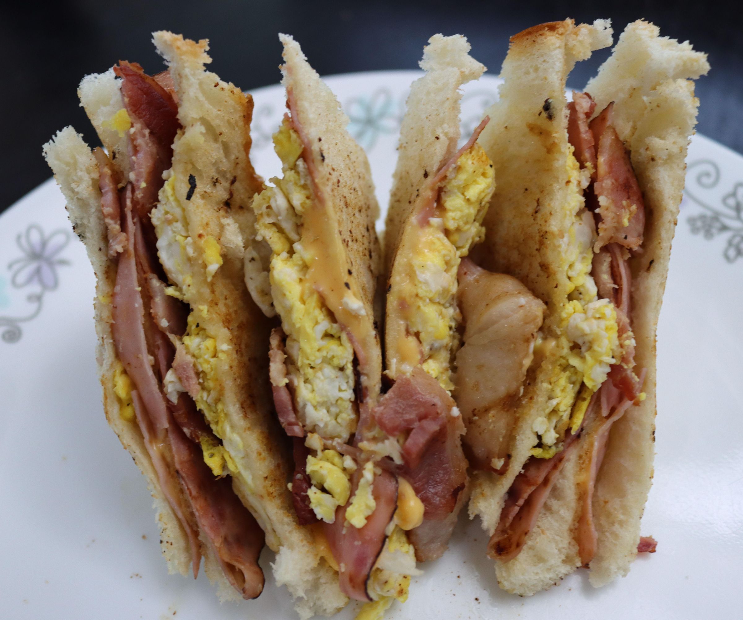 Toasted Sandwich With Ham, Bacon, Cheese, and Egg