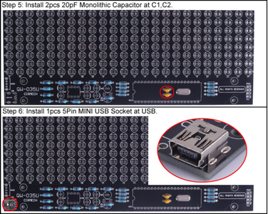 Install 2pcs 20pF Monolithic Capacitor and 1pcs MINI USB Socket
