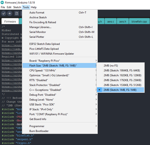 Change the "Flash Size" to the "2MB (Sketch: 1MB, FS: 1MB)"