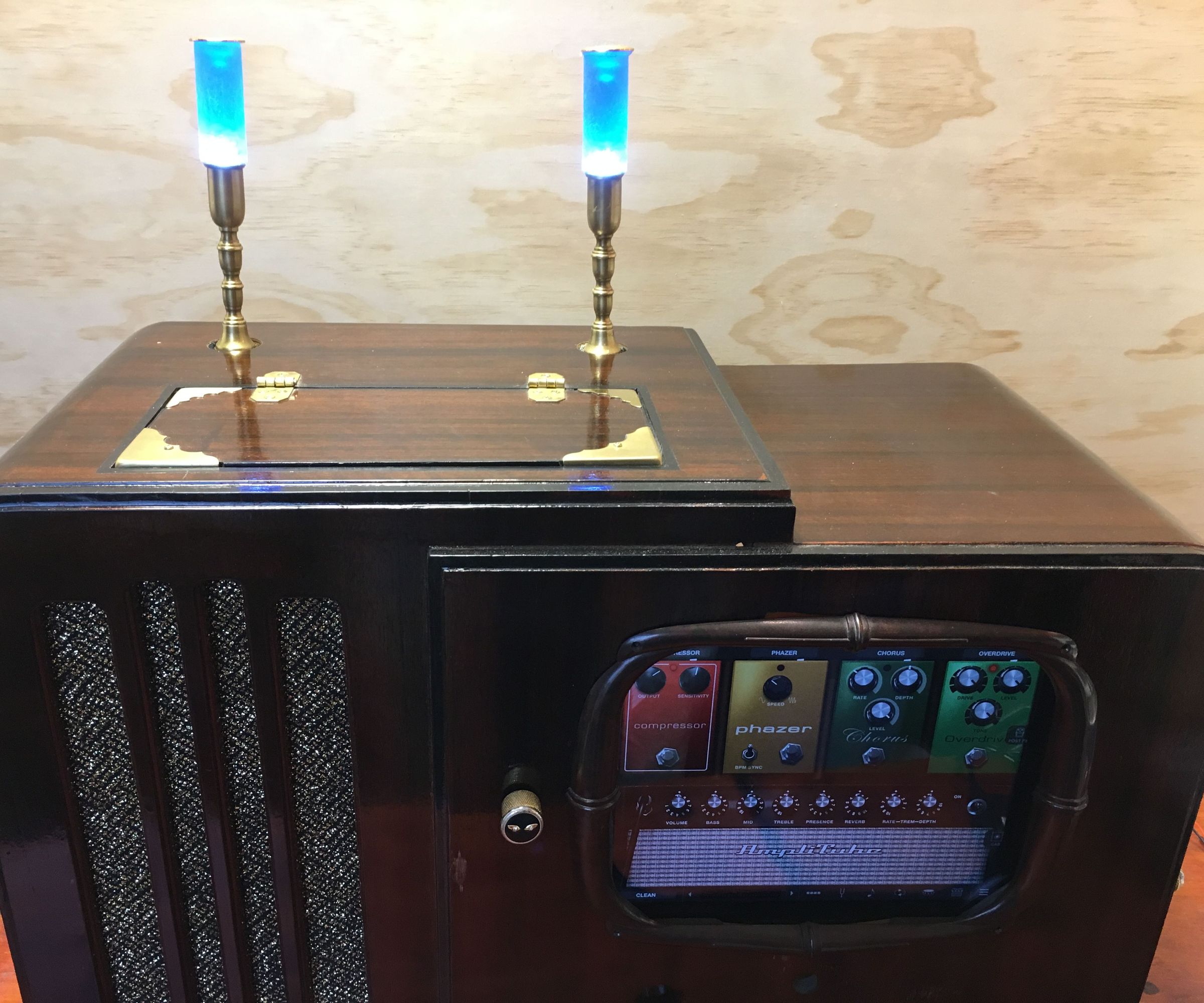 Steampunk Entertainment System with moving candles and parts.