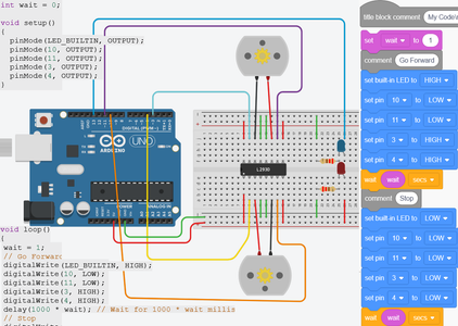 Arduino With Dual Motor Tank Coded in TinkerCad Codeblocks and L293D ...