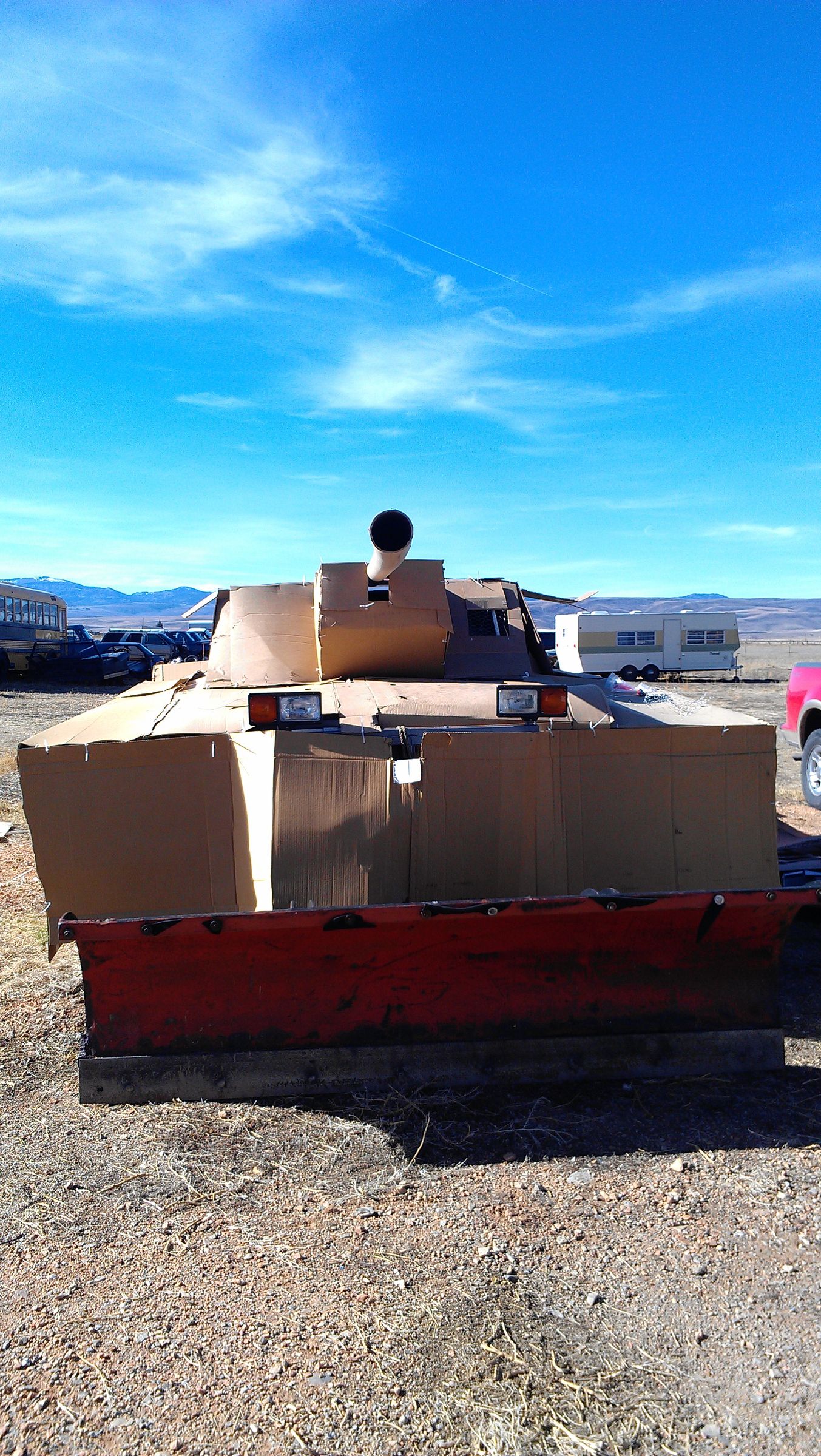 Cardboard M1 Abrams Tank on Chevy Pickup!  With Plow!   (photos only)