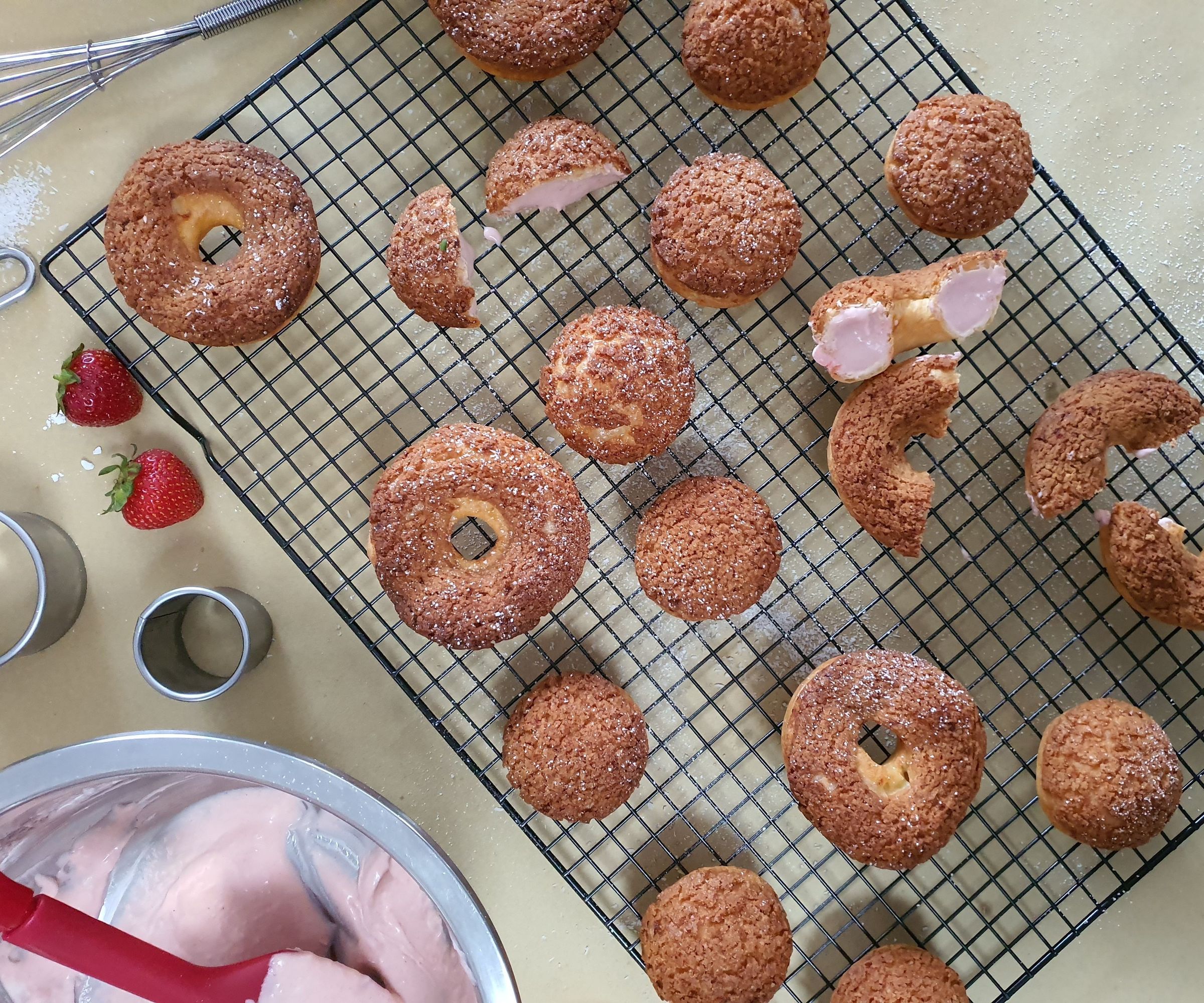 Cookie Choux Donuts W/ Strawberry Lamington Filling