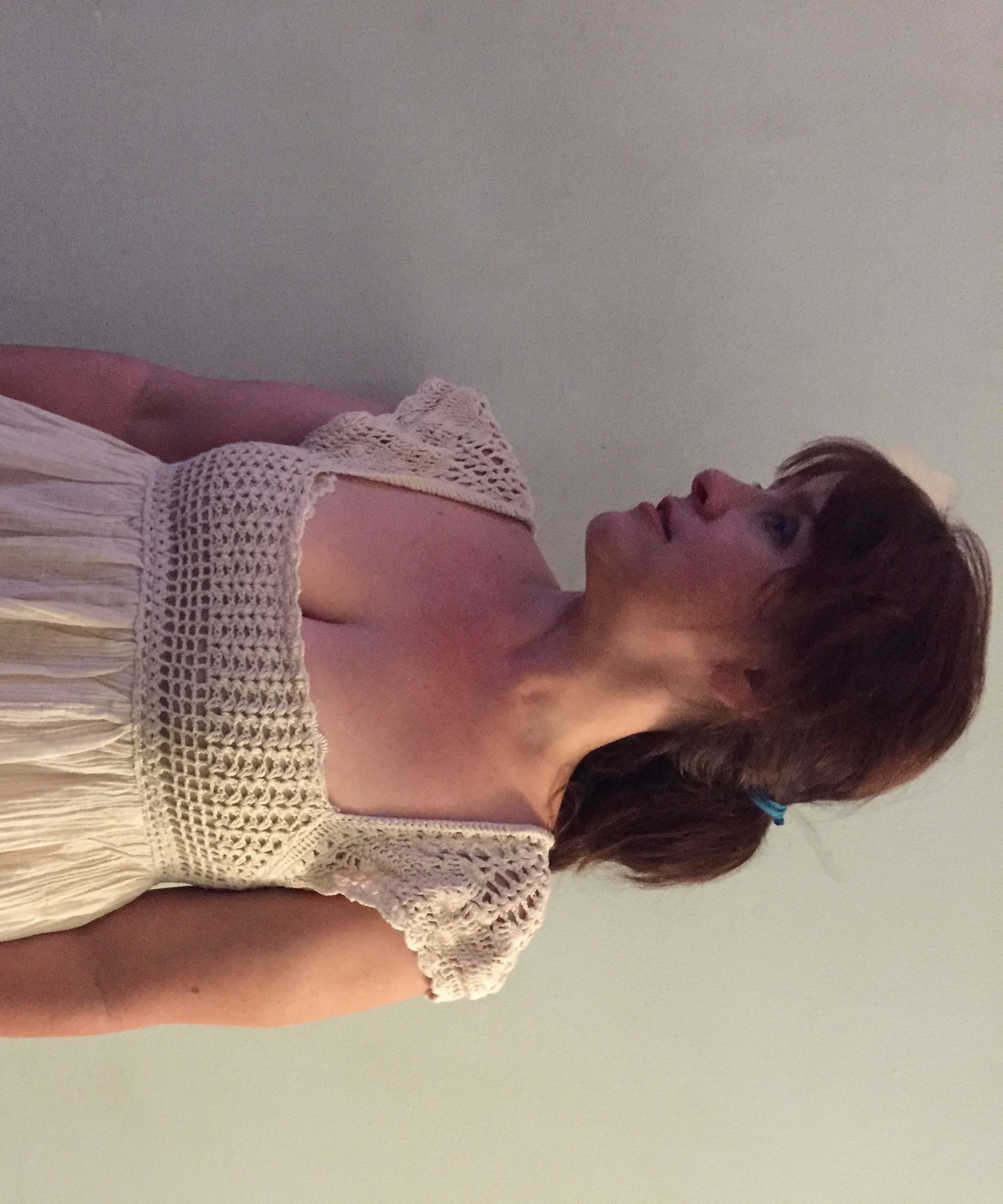 Crochet and Vintage Gauze Restyled and Upcycled T Shirt