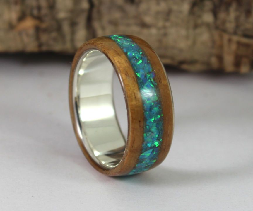 Sterling Silver Ring With Koa Wood and Blue Opal