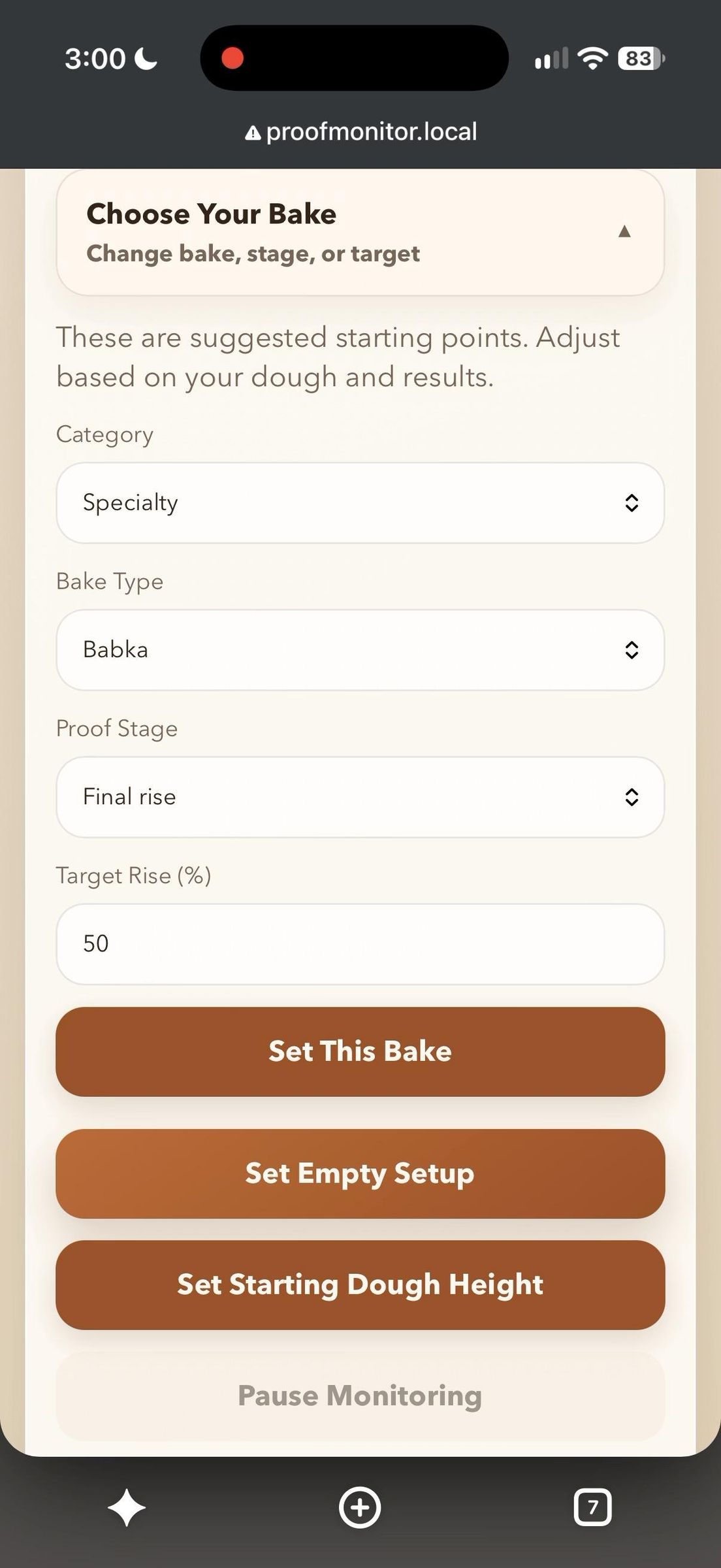 หน้าจอ Dashboard ของ Bread Proof Monitor ระหว่างตั้งค่าการ Proof