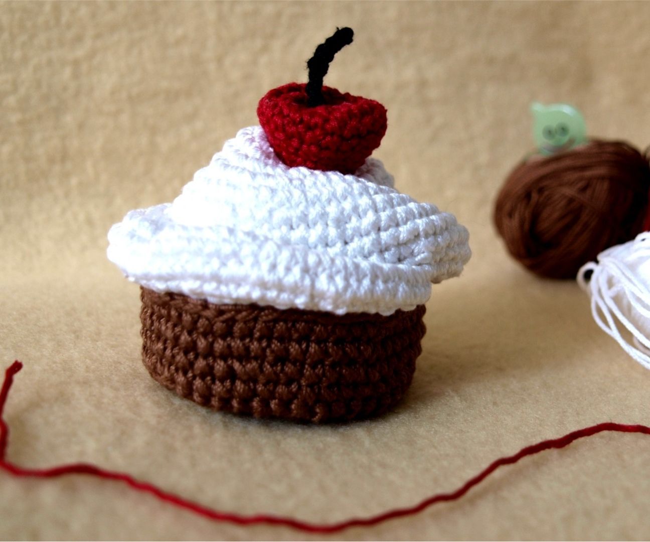 Crochet Cupcake With Realistic Swirly Cream and Cherry on Top