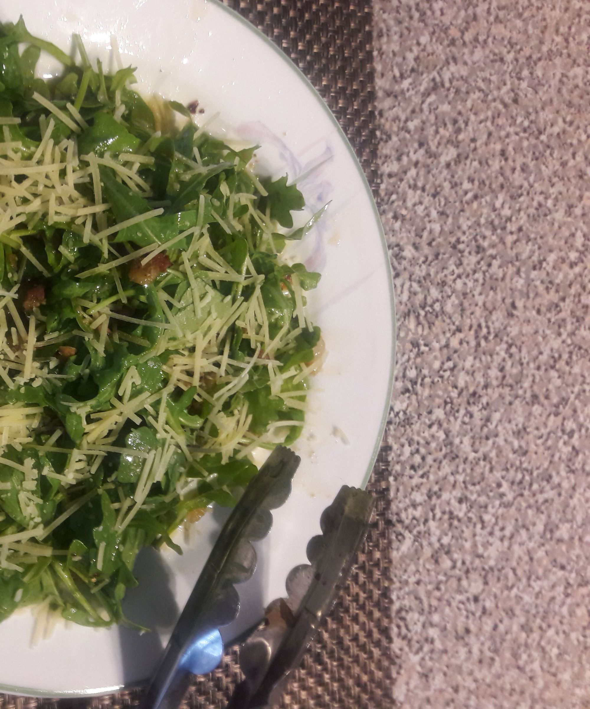 WILTED ARUGULA SALAD WITH PANCETTA, GARLIC & ANCHOVY DRESSING