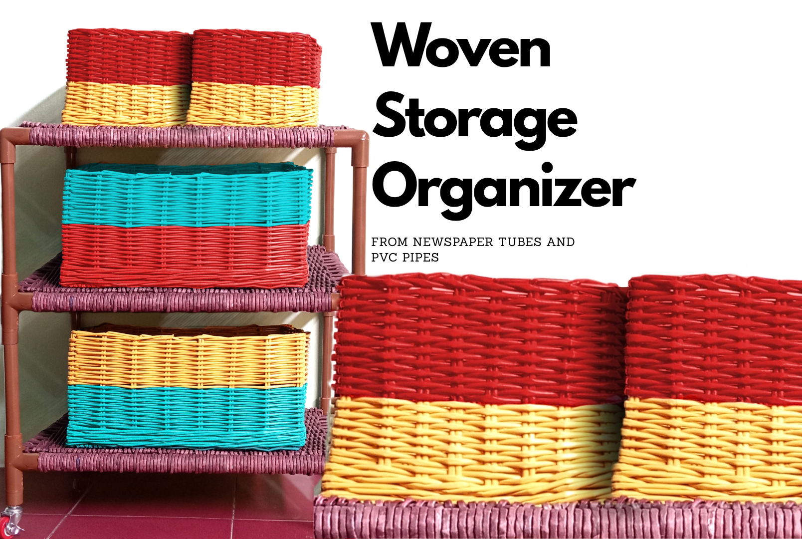 DIY Woven Storage Organizer From Newspaper Tubes and PVC Pipes
