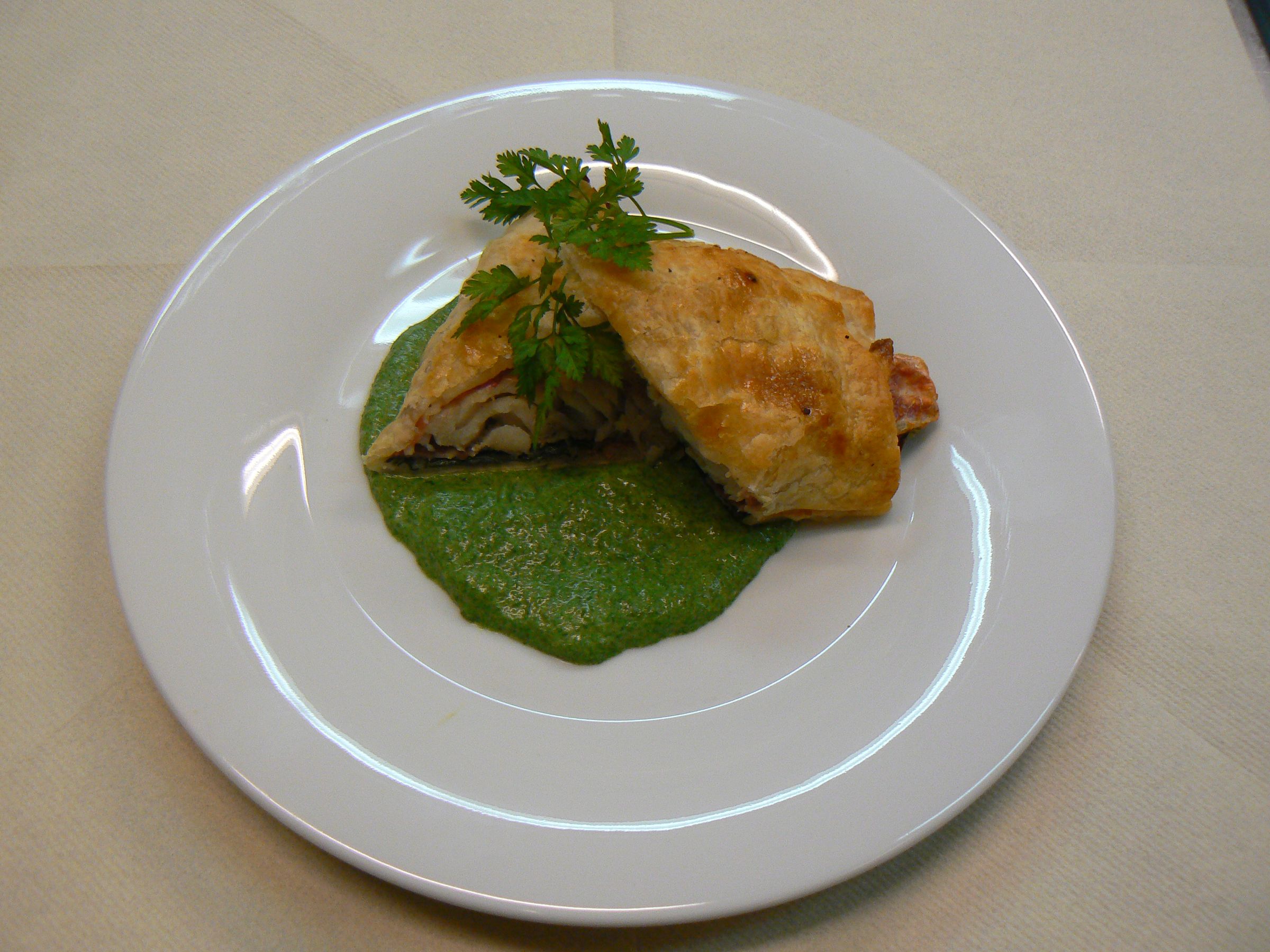 Fish in Pastry With  Spinach Sauce