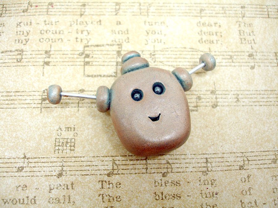Polymer Clay Robot Head Stoneware Style