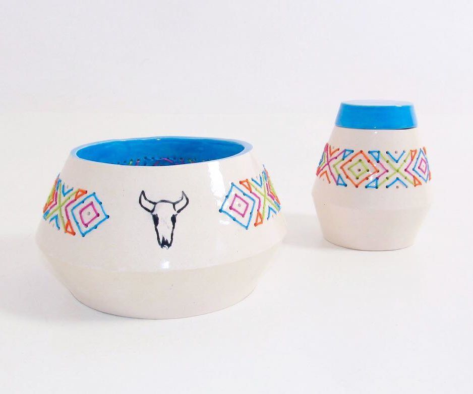 Embroidered ceramic pieces (mexican themed)