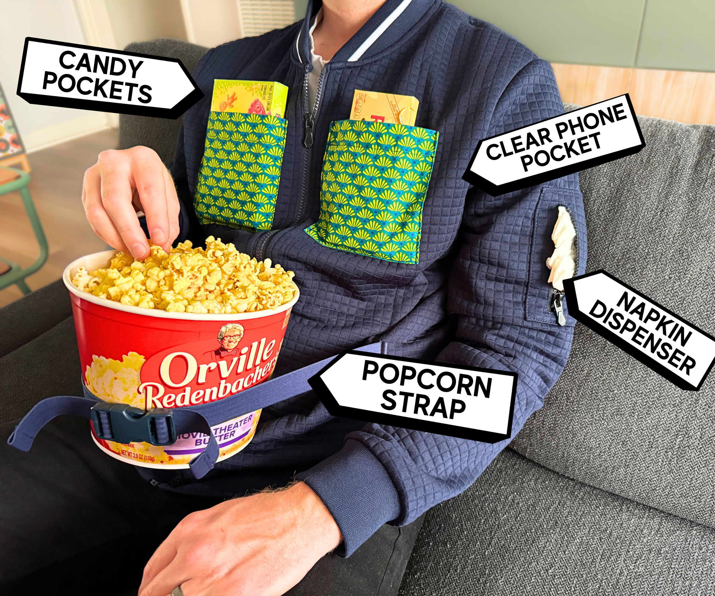 The Ultimate Movie Theater Jacket With 🍿 a Popcorn Holder, 🍫 Snack Pockets & More!