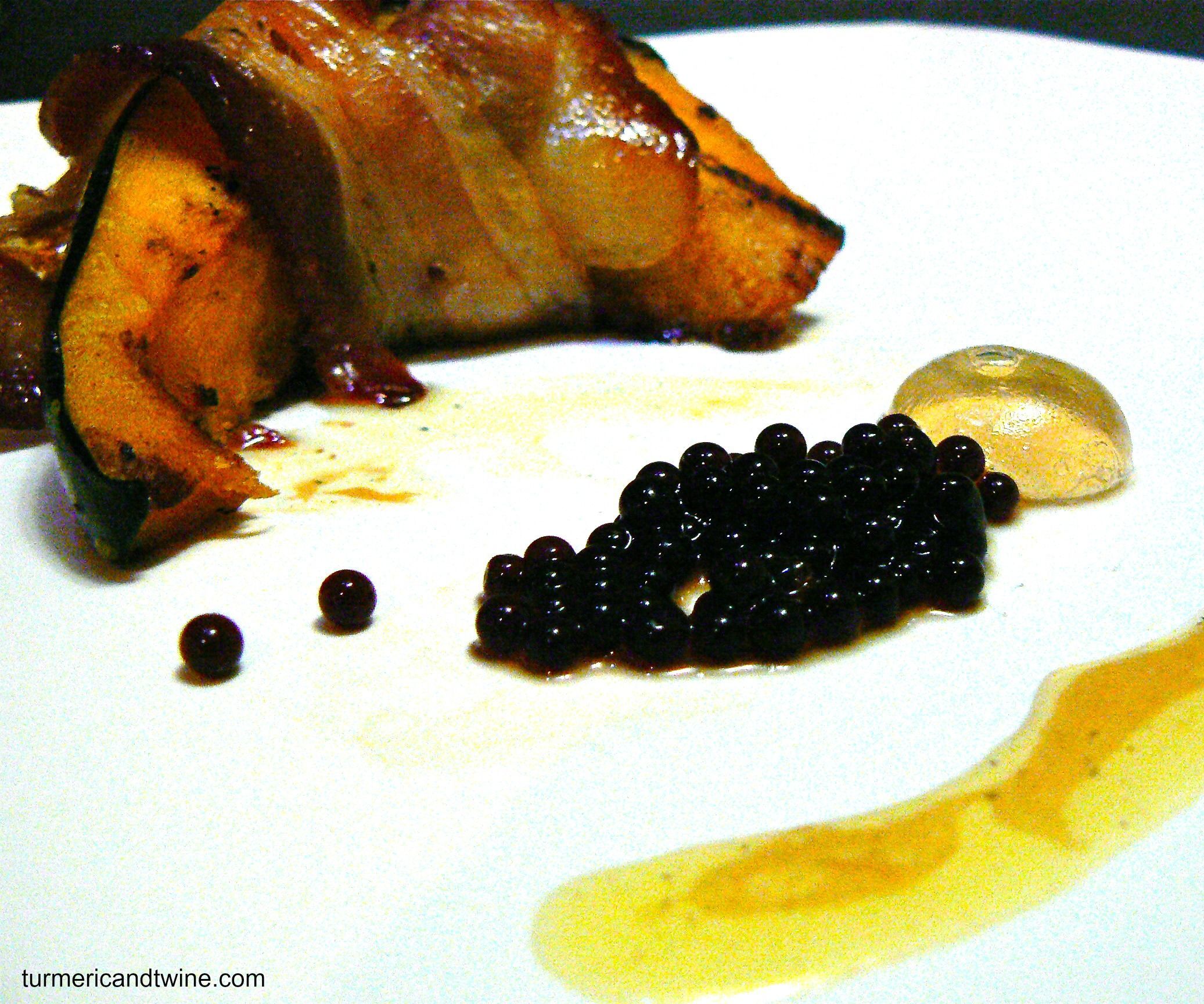 Molecular Gastronomy: Bacon Wrapped Acorn Squash With Balsamic Caviar and Maple Sphere
