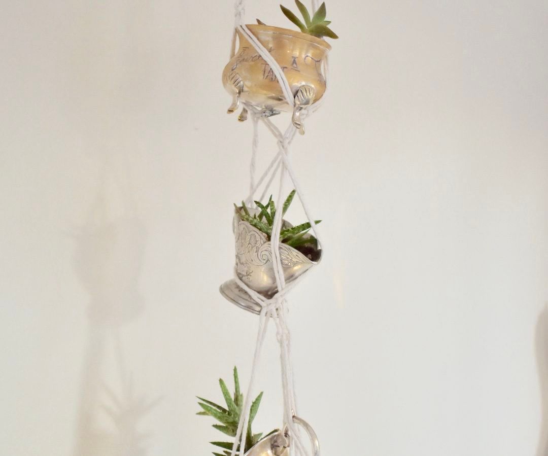 Antique Silver Creamer Turned Into Stacked Hanging Macrame Succulents 