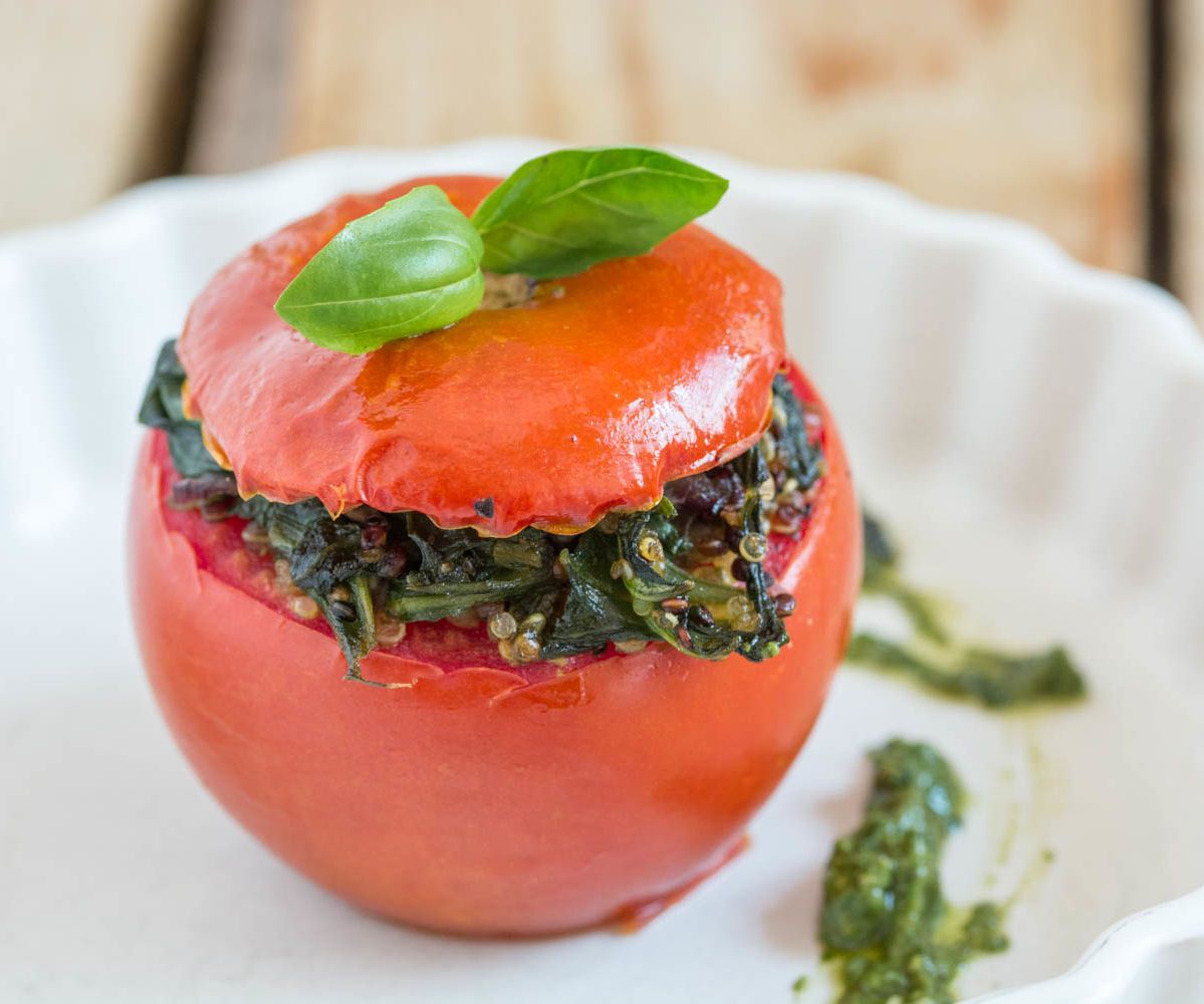 Quinoa Stuffed Tomatoes With Homemade Vegan Basil Pesto