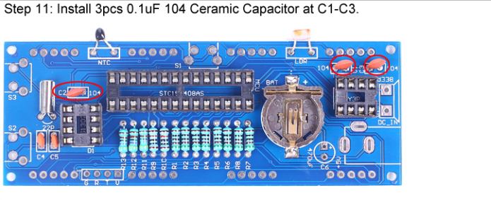 Install 3pcs 0.1uF 104 Ceramic Capacitor at C1-C3