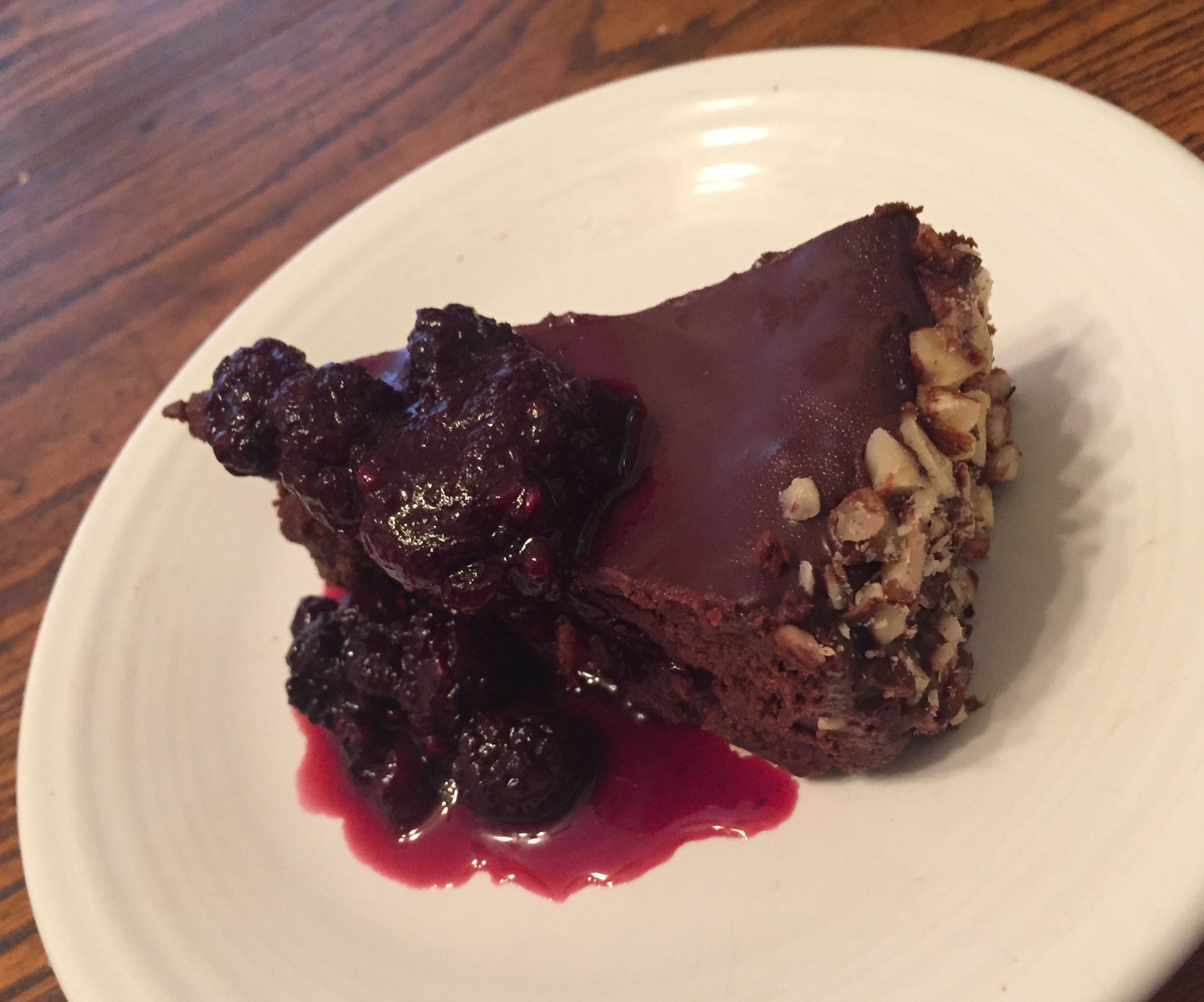 Flourless Chocolate Espresso Cake With Chocolate Ganache and Spiked Berries