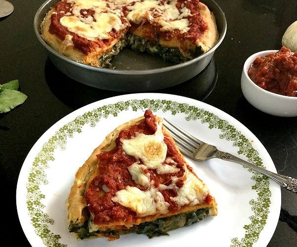 Deep Dish Spinach Stuffed Pizza (with Whole Wheat Flour)