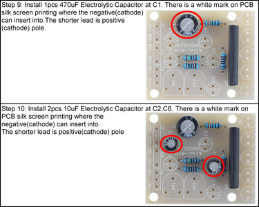 Install 1pcs 470uF Electrolytic Capacitor & 2pcs 10uF Electrolytic Capacitor