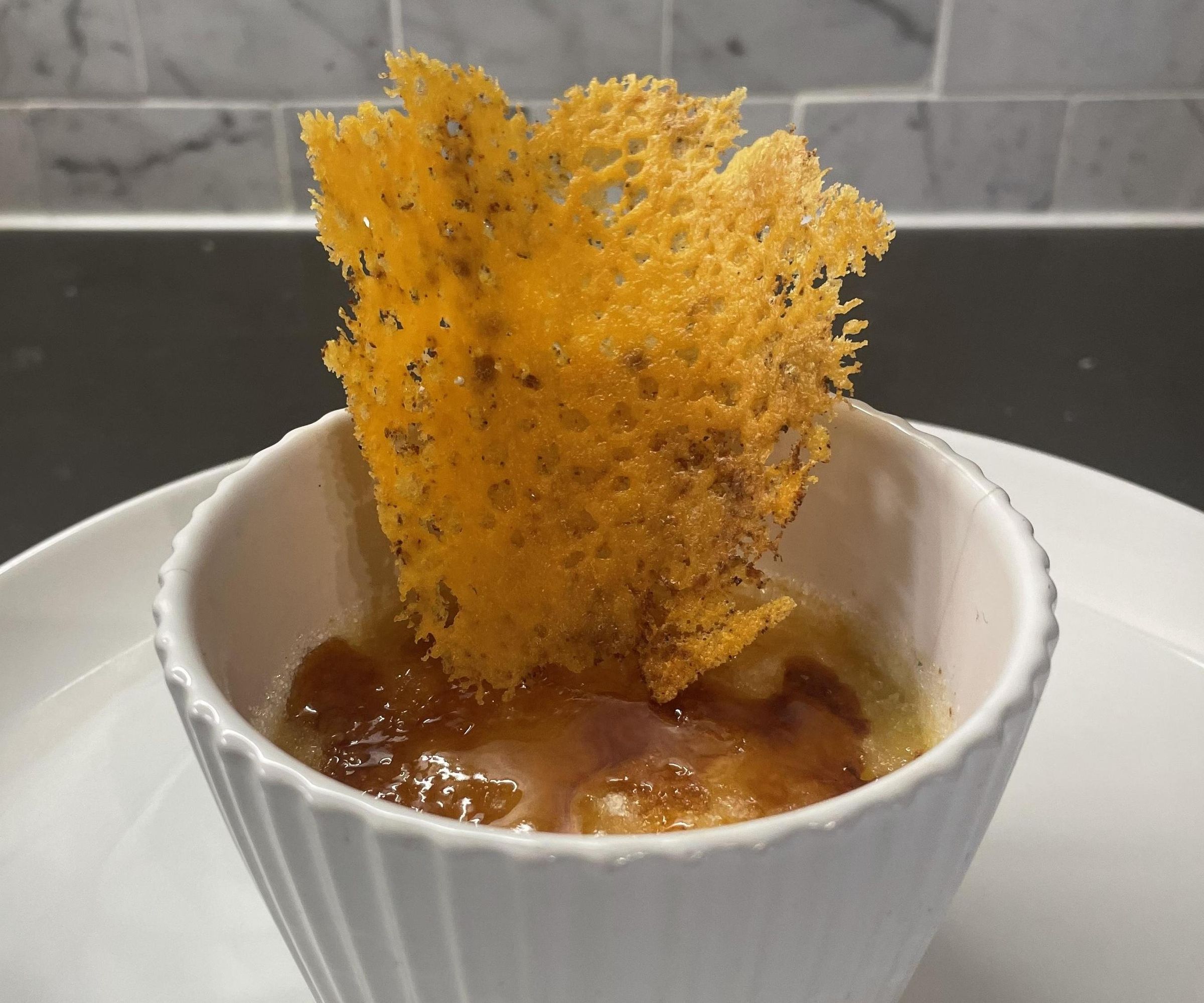 Mûenster Cheese Crème Brûlée and a Spicy Cheddar Cheese Tûile