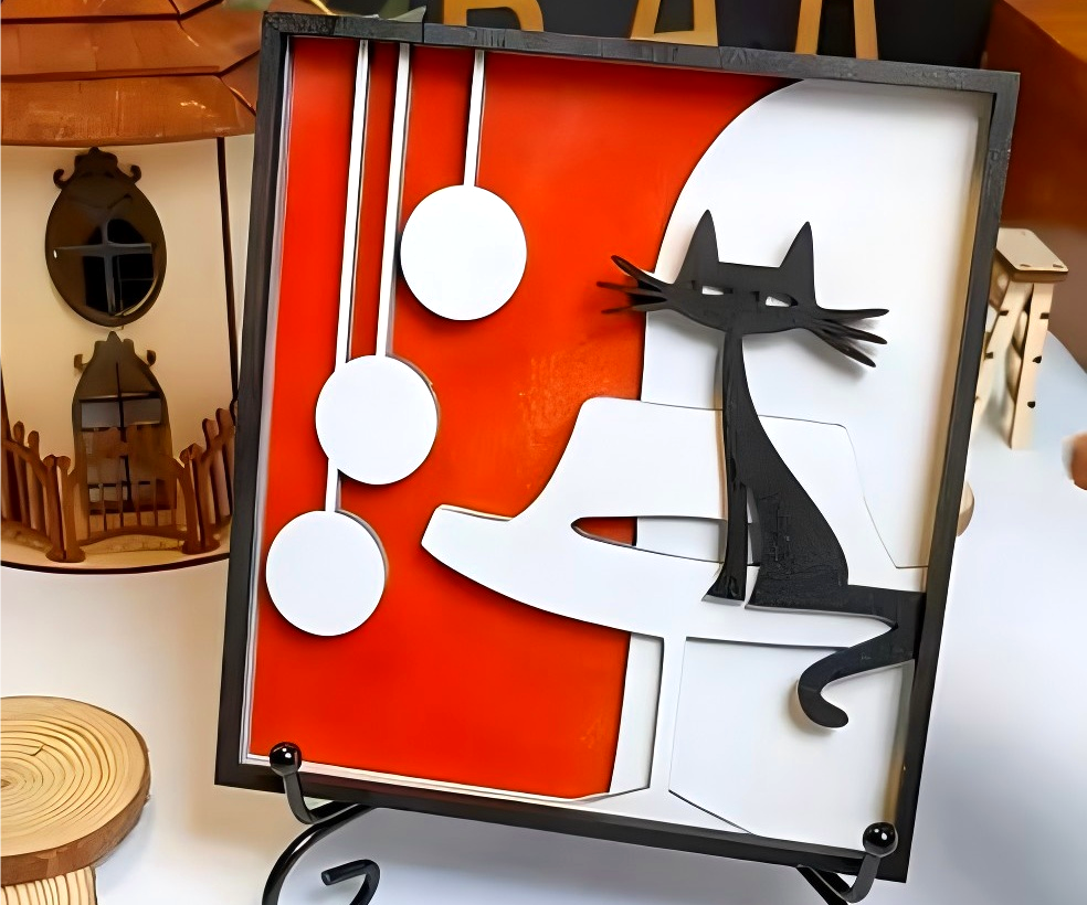 Multi-Layer Wooden Cat Art | Destkop Decor, Laser Cut