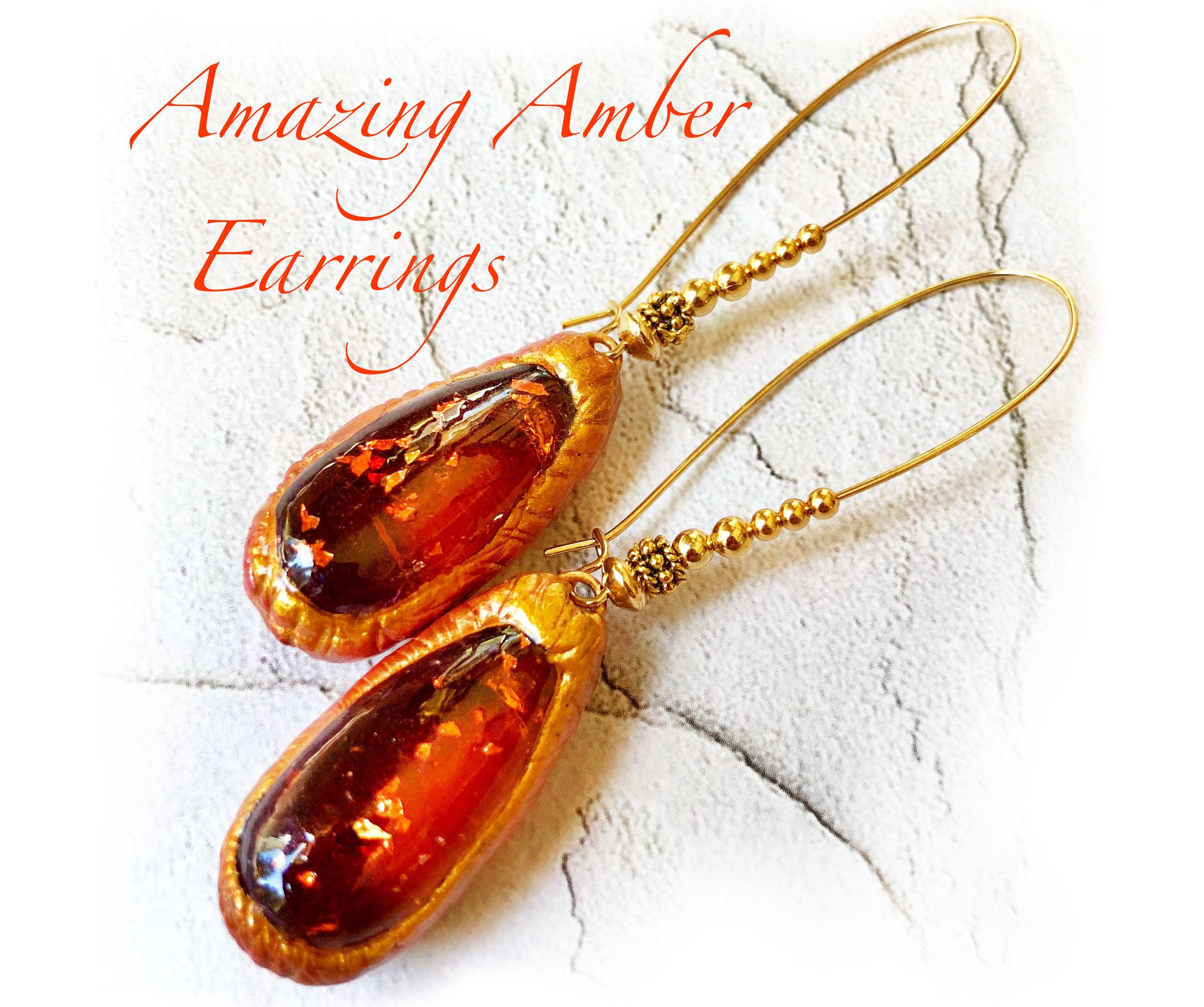 Orange & Gold - Beautiful Amber Tear Drop Earrings