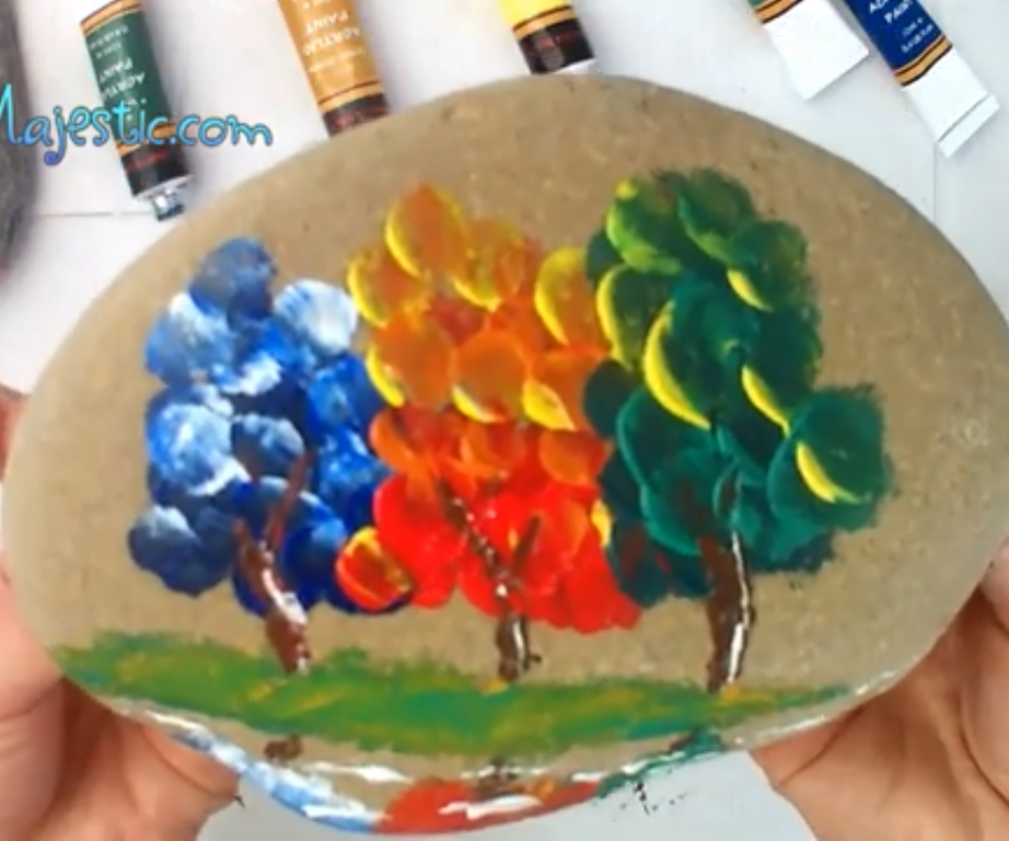 Finger Painting Colorful Trees on a Stone