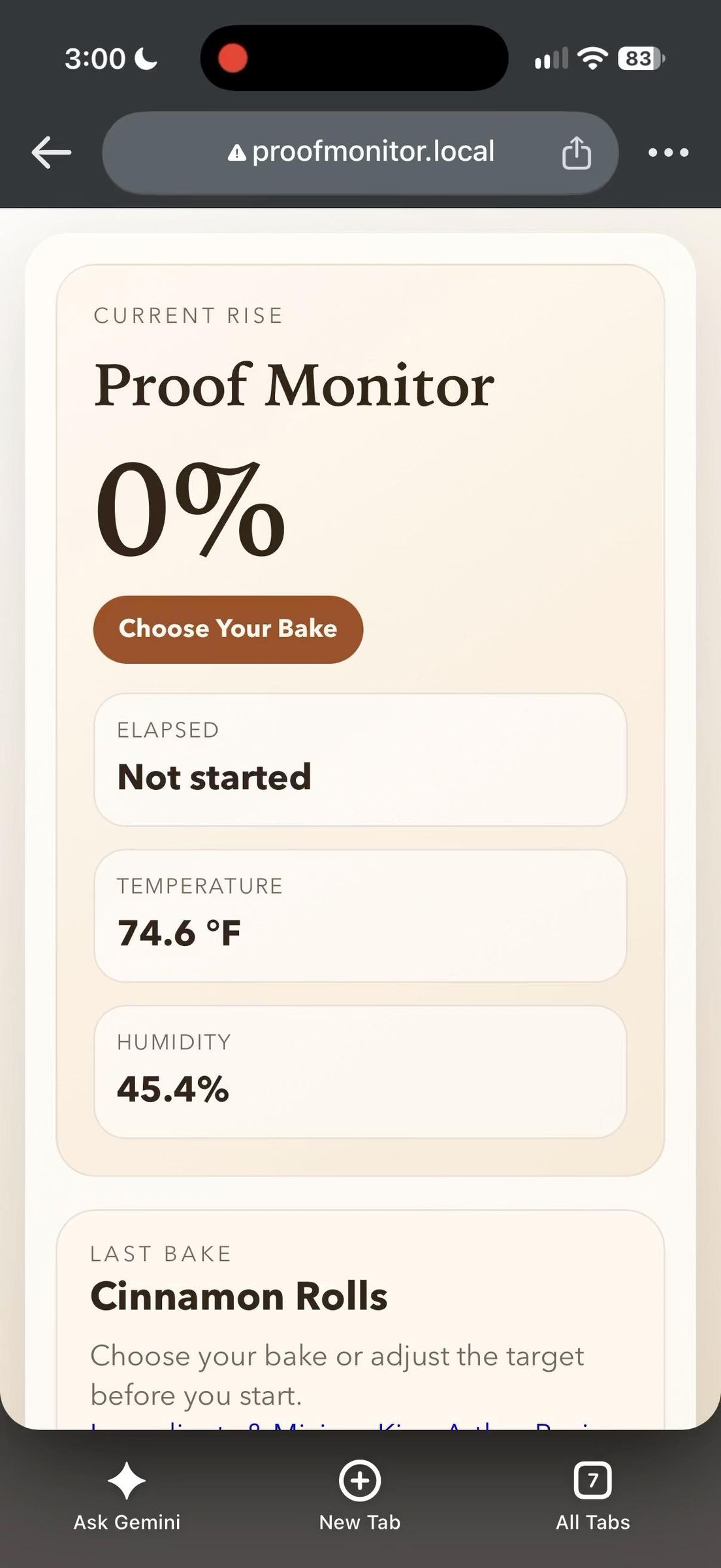 Dashboard สำหรับเริ่ม Bread Proof และเลือก Recipe Profile